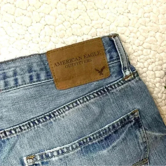 American Eagle Slim Straight Web Cuff Distress Denim Highrise Jean Shorts - Picture 7 of 13